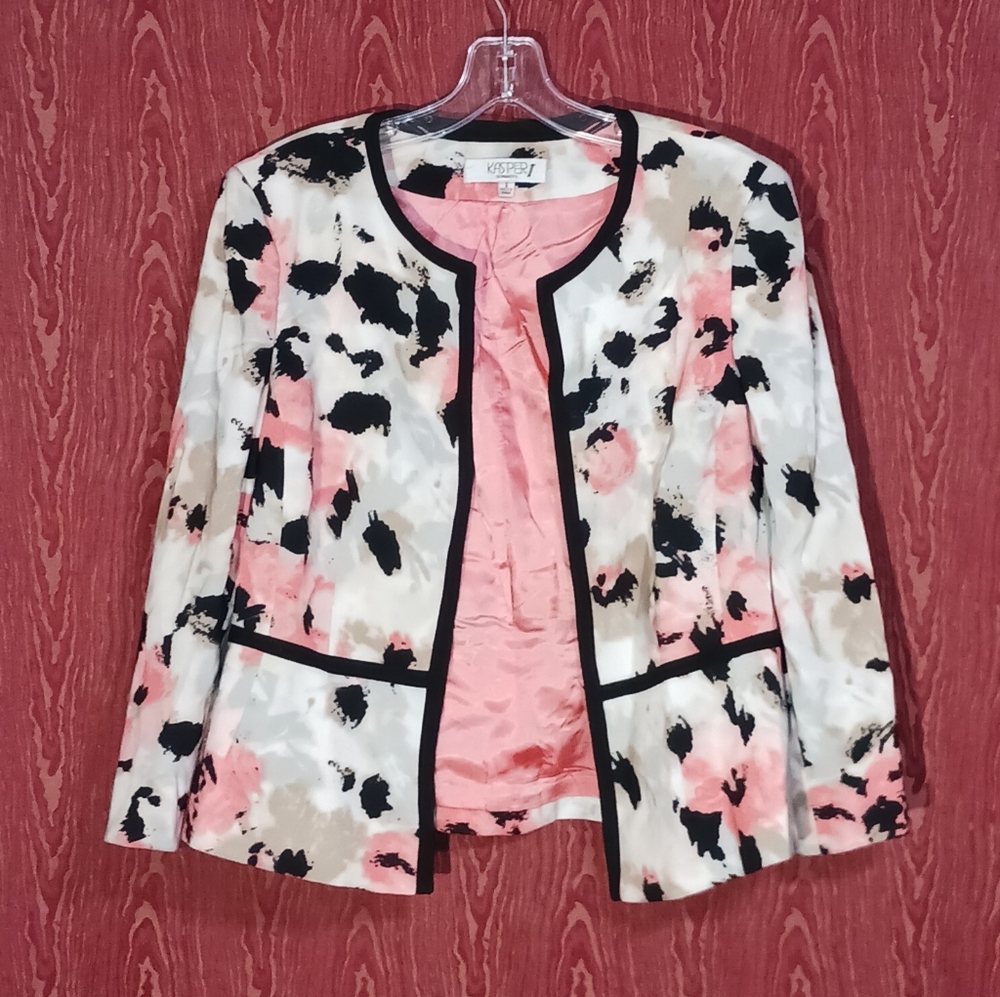 KASPER 2 Piece Open Front Floral Black/ORANGE Sleeveless Dress 3/4 Blazer Sz 8 - Picture 5 of 13